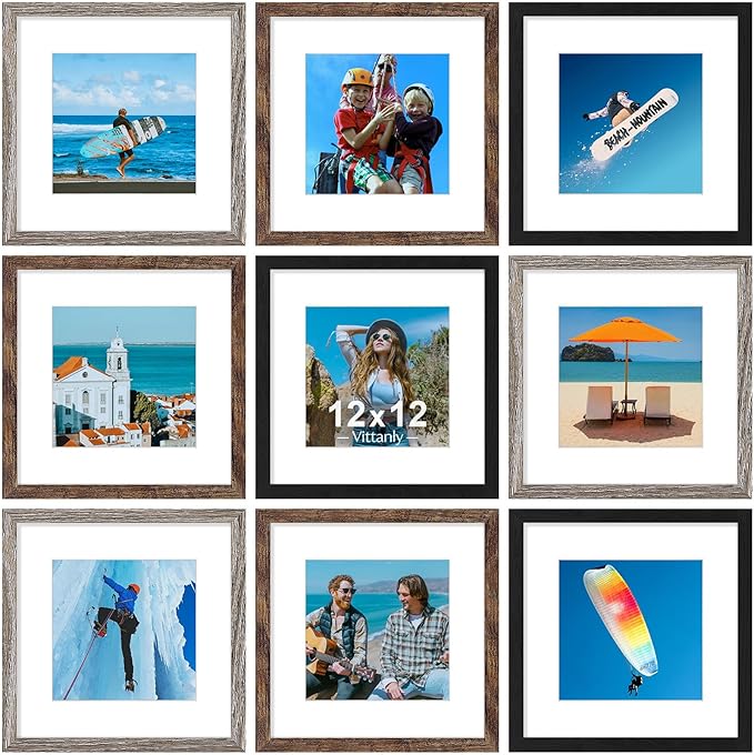 Vittanly 12x12 Picture Frames Set of 9, Display 8x8 Pictures with Mat or 12x12 without Mat, Photo Frames for Wall Mount, Engineered Wood, Black&Brown&Dark Grey