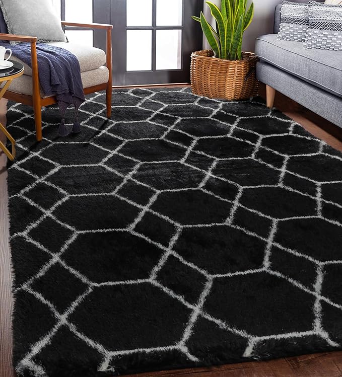 ONASAR Area Rugs for Living Room Bedroom, 5x8 Fluffy Black and White Rug, Geometric Boho Soft Plush Shaggy Fuzzy Floor Carpet for Nursery Kids Girls Boys Teen Dorm Home Decor Aesthetic