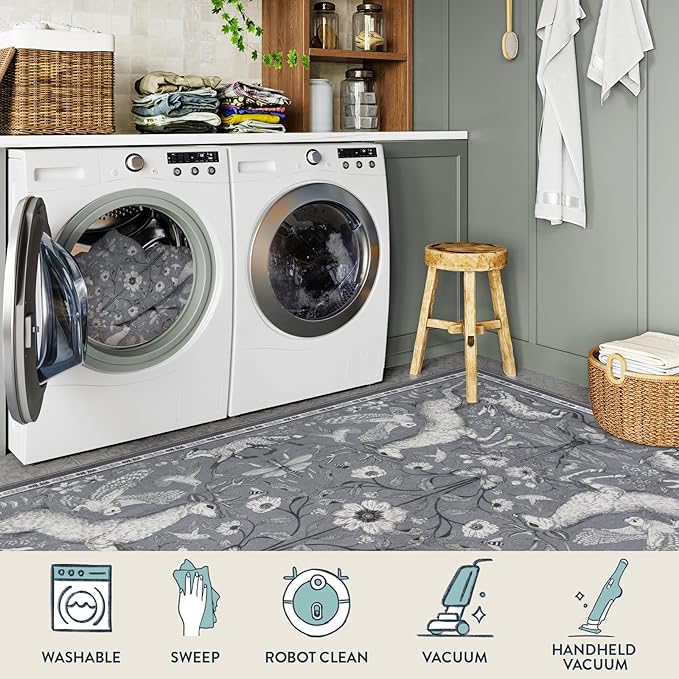 Lahome 5x7 Washable Deer Rug, Dorval Boho Woodland Vintage Area Rug, Non Slip Low Pile Soft Grey Carpet for Living Room Bedroom Nursery Dining Room Kitchen Farmhouse Home Decor