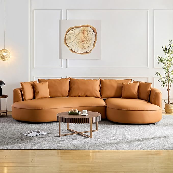 WILLIAMSPACE 124.8" Leather Curved Sofa Couch, Modern Upholstery Luxury Sofa with Pillows, Left Hand Facing Sectional Couch for Living Room (Right-Facing,Orange Leather)