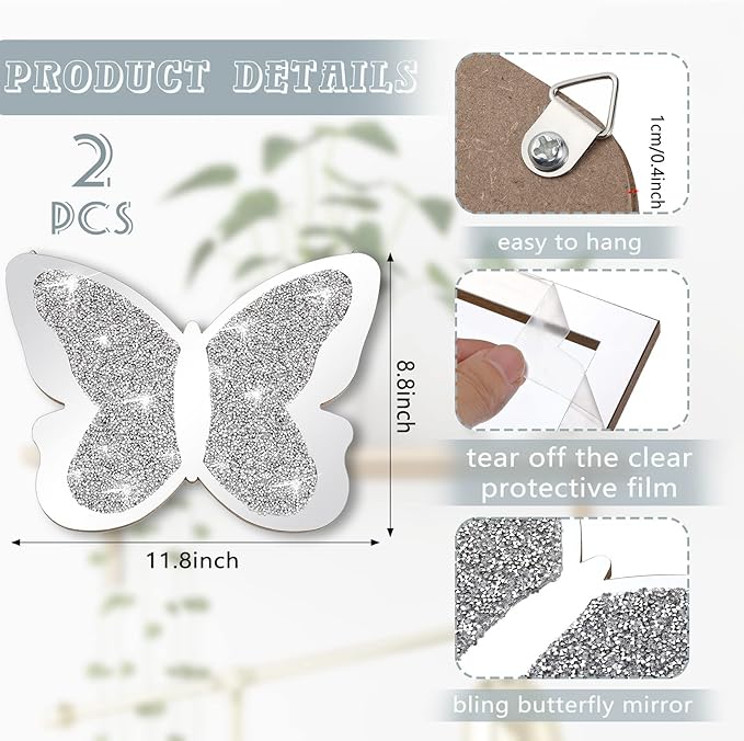 Vesici 2 Pieces Butterfly Shaped Mirror Crystal Crushed Diamond Silver Mirror Silver Wall Decor for Living Room Modern Decorative Artwork for Nursery Wedding Decor(11.8 x 8.8 Inch)