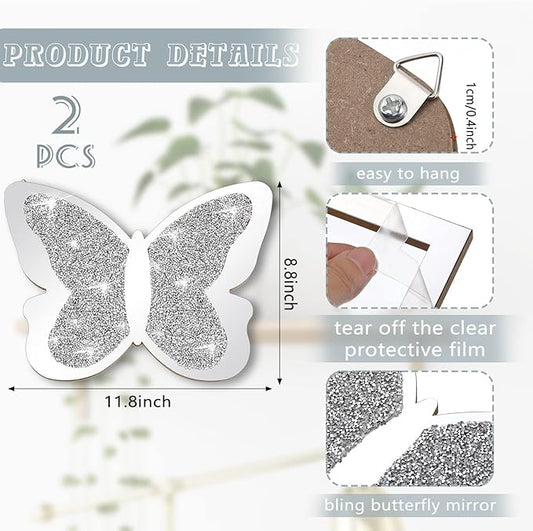 Vesici 2 Pieces Butterfly Shaped Mirror Crystal Crushed Diamond Silver Mirror Silver Wall Decor for Living Room Modern Decorative Artwork for Nursery Wedding Decor(11.8 x 8.8 Inch)