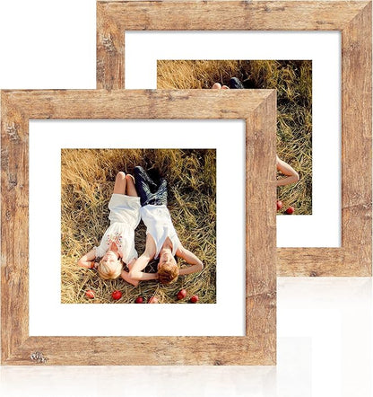 iRahmen 8x8 Picture Frame with Mat 6x6 - High Definition Real Glass Wooden Photo Frames for Tabletop Display and Wall Mounting (Rustic Brown, Set of 2)