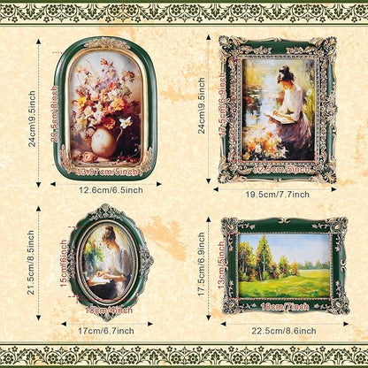 Geetery 4 Pcs Vintage Picture Frames Set, Green Ornate Baroque Frames for Gallery Wall, Antique Victorian Decorative Photo Frame for Tabletop or Wall Display, Shabby Cottagecore Home Decor