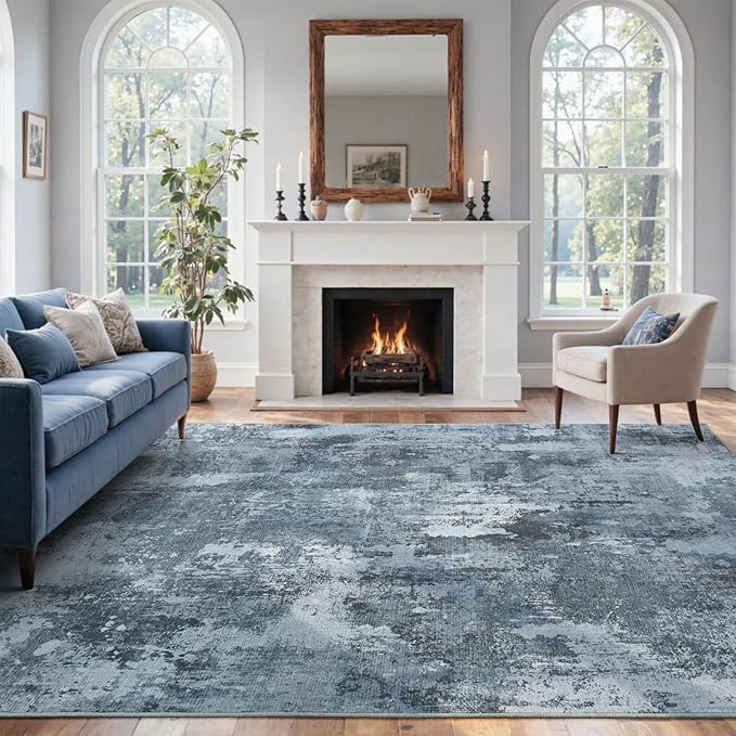 8x10 Ft Large Area Rugs for Living Room, Soft Non-Slip Washable Rugs Modern Abstract Pattern Carpet for Bedroom Indoor Floor Nursery Home Decor (Blue Grey)