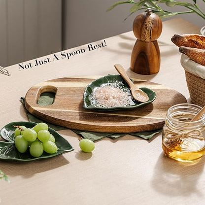 Ceramic Spoon Rest for Stove Top - Cute Green Leaf Spoon Rest/Spoon Holder for Kitchen Countertop - Cooking Kitchen Spoon Rest Utensil Rest Spatula Rest Cottagecore Kitchen Decor (1 Pack)