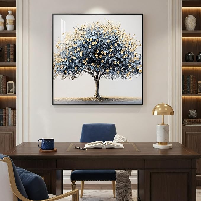 Framed Square Tree of Life Wall Art, Blue Gold Modern Money Tree Painting Prints, Minimalist Elegant Luxury Abstract Tree Artwork for Living Room Bedroom Kitchen Hallway Office Home Decor, 30x30 Inch
