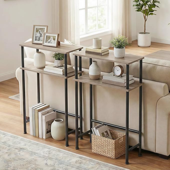 HOOBRO Narrow Console Table for Small Space, 15.7" Entryway Table with Storage, 2 Tier Sofa Table with 2 Shelves, Skinny Console Table for Entryway, Hallway, Living Room, Greige and Black BG40XG01