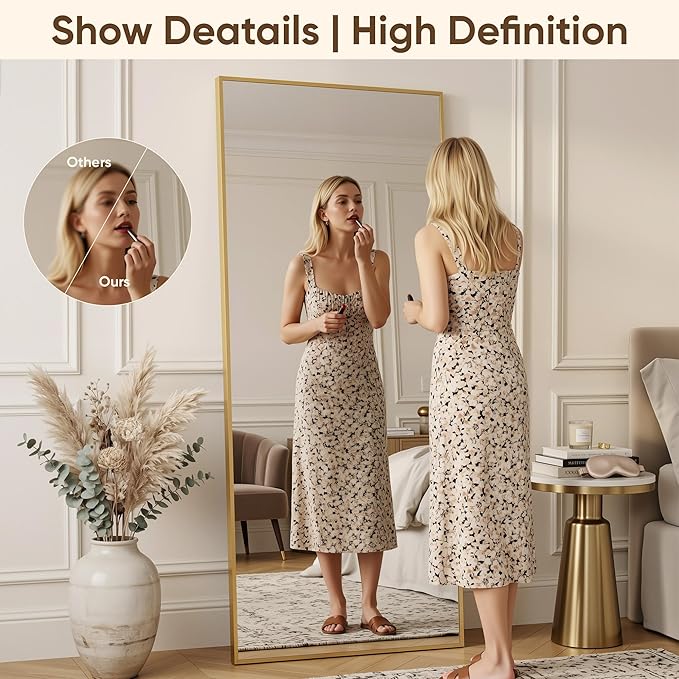 Antok 81''x41'' Full Length Mirror, Shatterproof HD Oversized Floor Mirror with Stand, Aluminum Alloy Frame Leaning Standing or Wall Mounted Mirror for Bedroom Living Room Entryway, Gold
