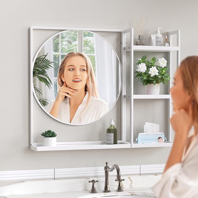 White Metal Framed Bathroom Mirror with Shelf, 31" X 24.4" Rectangular Wall Mounted Bathroom Vanity Mirror, Modern Bathroom Mirror with Storage for Over Sink, Entryway
