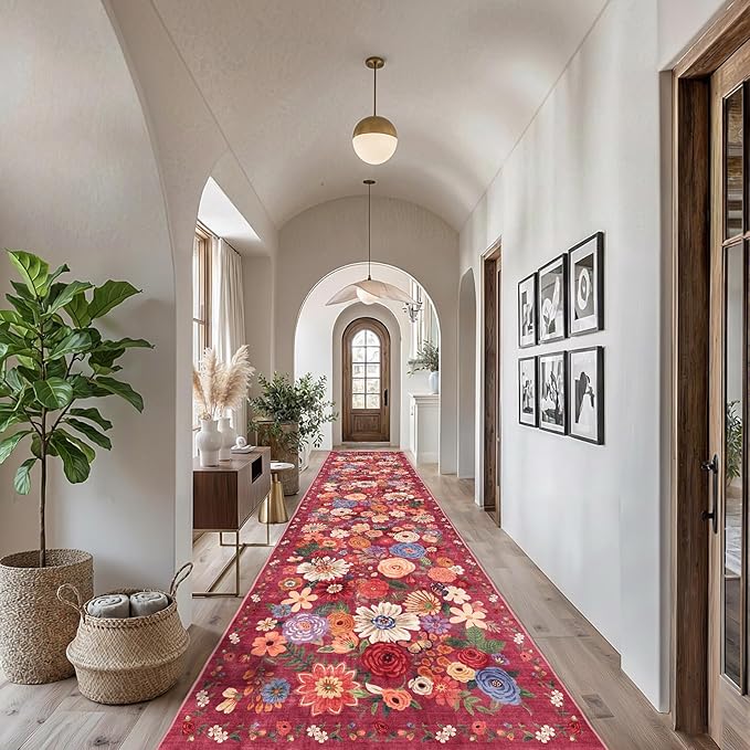 Rug for Hallways Kitchen Rug 2'6" x 14', Non Slip Washable Rugs with Rubber Backing Soft Floral Carpet Runner for Hallways, Kitchen, Laundry, Bedroom, Bathroom, Red Garden