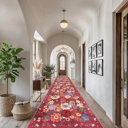 Rug for Hallways Kitchen Rug 2'6" x 14', Non Slip Washable Rugs with Rubber Backing Soft Floral Carpet Runner for Hallways, Kitchen, Laundry, Bedroom, Bathroom, Red Garden