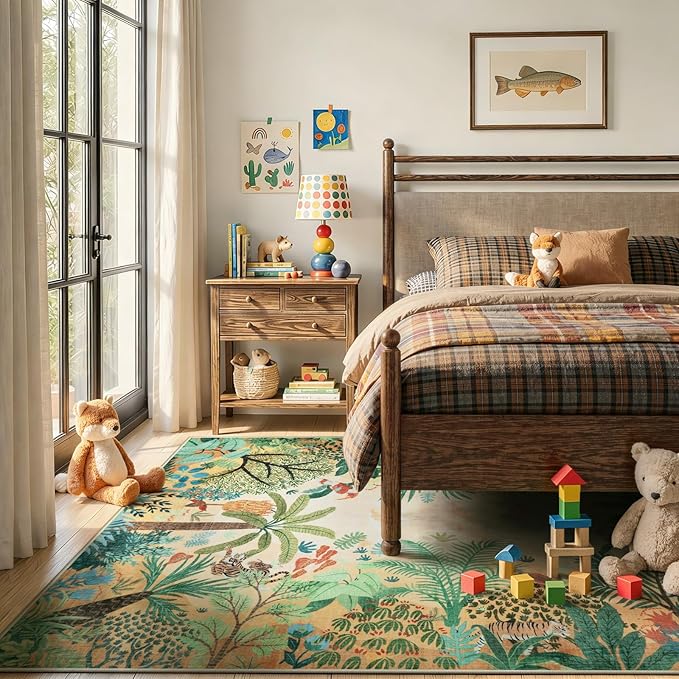 LIVEBOX Washable Jungle Animal Print 6 x 9 Area Rug for Dining Room, Non-Skid Yellow Kids Carpet Playmat Rug for Play Room, Soft Nursery Rugs for Girl Dorm, Kids Rugs for Bedroom Boys