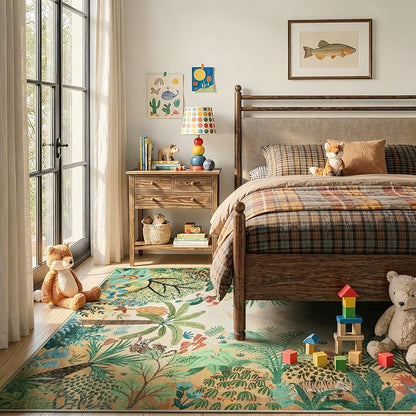 LIVEBOX Washable Jungle Animal Print 6 x 9 Area Rug for Dining Room, Non-Skid Yellow Kids Carpet Playmat Rug for Play Room, Soft Nursery Rugs for Girl Dorm, Kids Rugs for Bedroom Boys