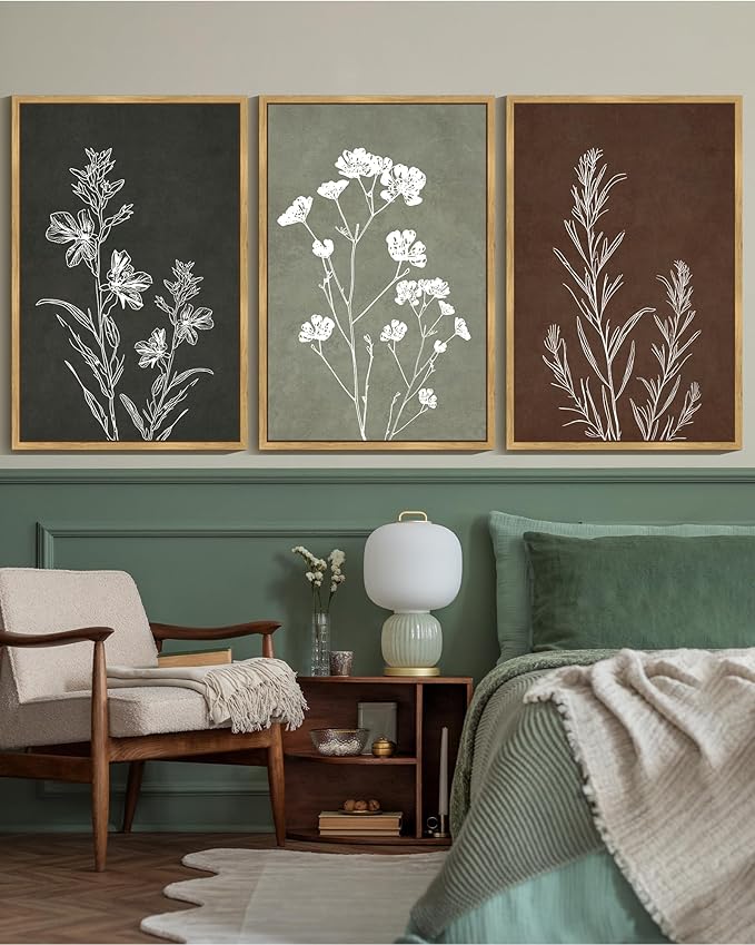 Drsoum Vintage Botanical Flower Boho Framed Wall Art Retro Floral Prints Wildflower Bohemain Neutral Rustic Artwork Kitchen Bedroom Ready to Hang 24x36in Natural Framed
