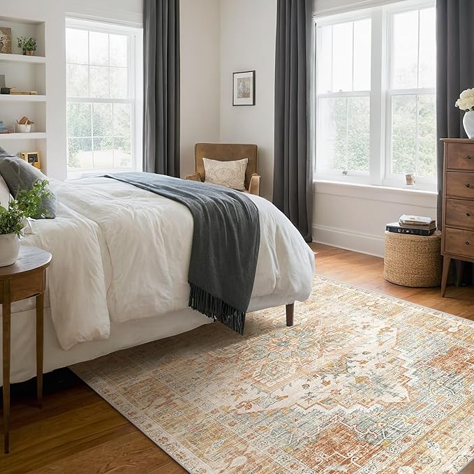 Kokia Washable Area Rugs 9x12 Living Room Boho Non Slip Thin Carpet Stain Resistant Vintage Orange Printed Oriental Distressed Rug for Bedroom Low Pile