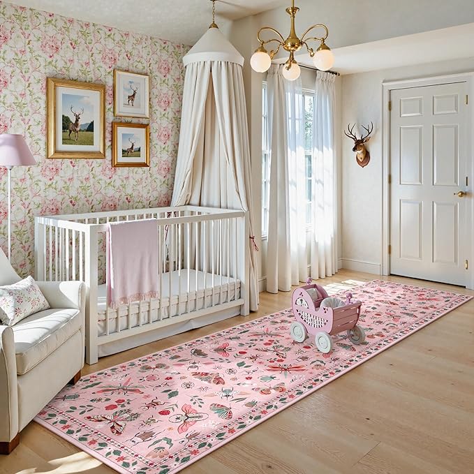 Lahome Insect Hallway Runner Rug, 2'5''x8' Ultra-Thin Washable Runners for Hallways Kitchen, Soft Laundry Room Rug Non-Slip Long Carpet for Entryway Bedroom Bathroom Vionnet, Pink