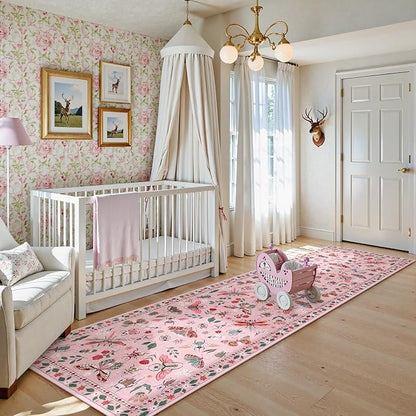 Lahome Insect Hallway Runner Rug, 2'5''x8' Ultra-Thin Washable Runners for Hallways Kitchen, Soft Laundry Room Rug Non-Slip Long Carpet for Entryway Bedroom Bathroom Vionnet, Pink