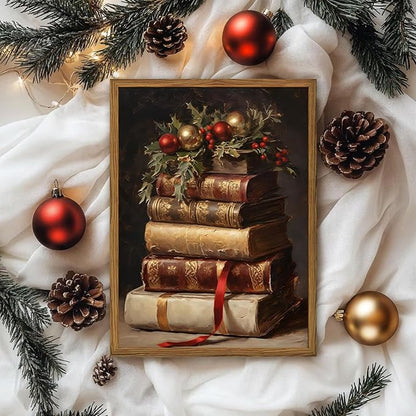 Framed Vintage Christmas Canvas Wall Art, Rustic Xmas Book Artwork Wall Decor Paintings, Retro Winter Holiday Pictures Prints Dark Academia Home Decor for Living Room Bedroom Libiary 12×16 inch