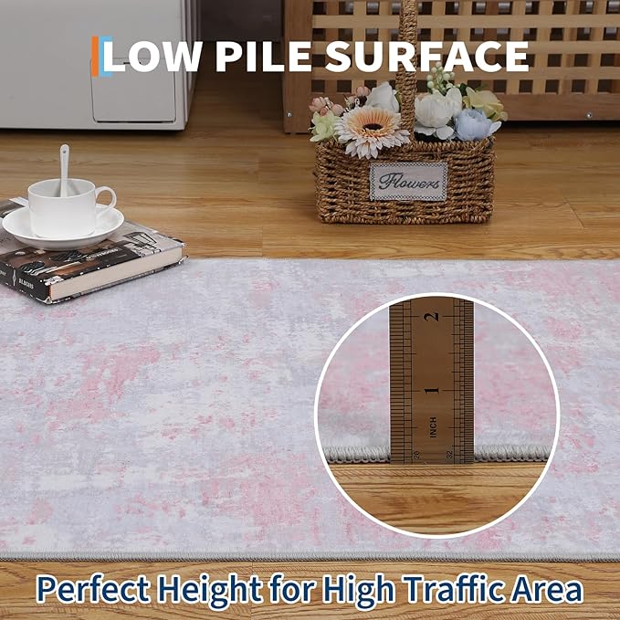 ROYHOME Modern Abstract 2x10 Runner Rug Washable Non Slip Stain Resistant Rug for Hallway Kitchen Bedroom Non Shedding Low Pile Indoor Floor Cover,Grey Pink