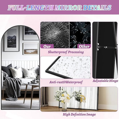 41"×81" Arched Full Length Floor Mirror, Standing Mirror with Aluminum Frame, Large Body Mirror of Free Standing/Wall Mount/Leaning for Bedroom, Living Room, Dressing Room, Black
