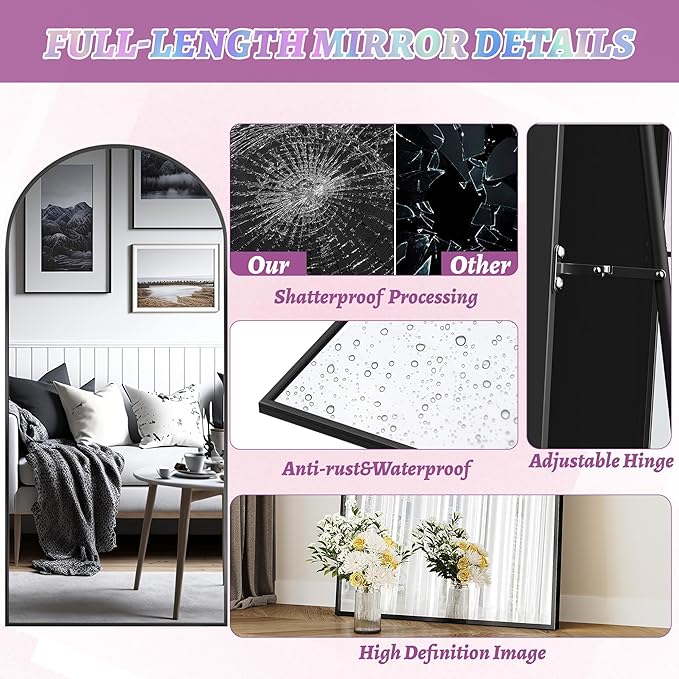 76"×34" Arched Full Length Floor Mirror, Standing Mirror with Aluminum Frame, Large Body Mirror of Free Standing/Wall Mount/Leaning for Bedroom, Living Room, Dressing Room, Black