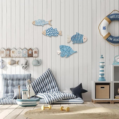 Aikgidtt 4 Pieces Wooden Fish Wall Decor Set, 12 Inch Coastal Wall Art for Bathroom, Beach House, Family Rooms - with Hooks & Adhesive Pads (Blue)