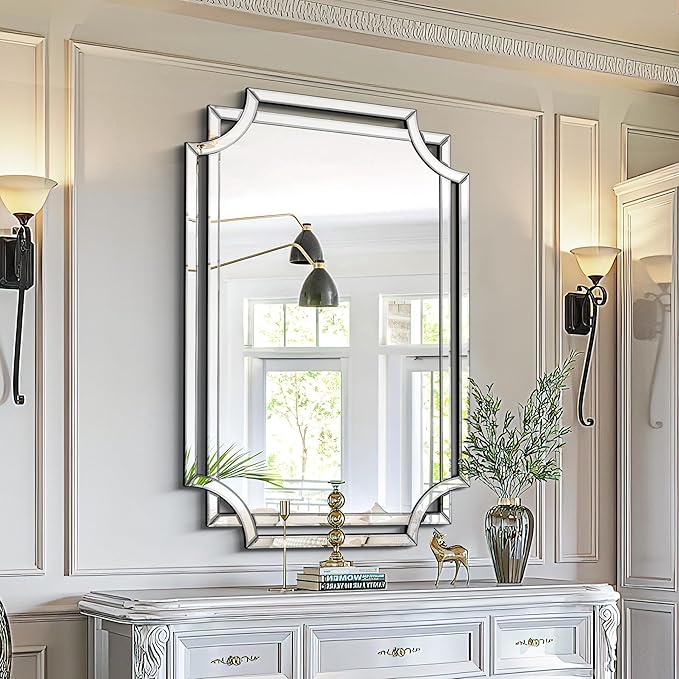 Chende 32" x 47" Large Wall Mirror for Living Room Decor, Modern Unique Decorative Mirror with Beveled Glass Scalloped Corner, Horizontal or Vertical Hanging for Entryway, Dining Room, Bathroom