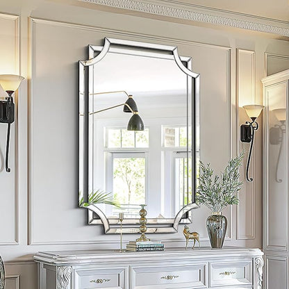 Chende 32" x 47" Large Wall Mirror for Living Room Decor, Modern Unique Decorative Mirror with Beveled Glass Scalloped Corner, Horizontal or Vertical Hanging for Entryway, Dining Room, Bathroom