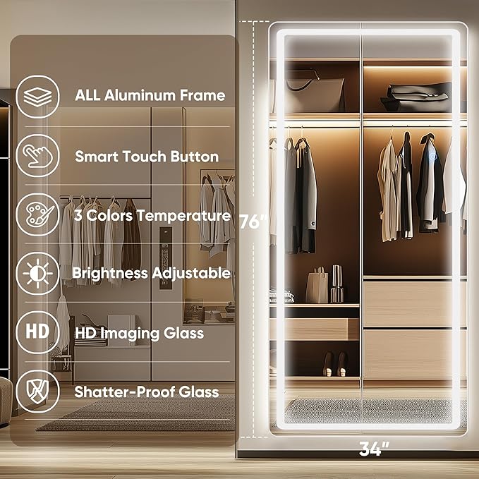 Antok LED Full Length Mirror with Light, 76"x34" Lighted Full Body Mirror with Stand, Dimmable & 3 Color Lighting Standing/Leaning/Wall Mounted Vanity Mirror for Bedroom Cloakroom Livingroom(Rect)