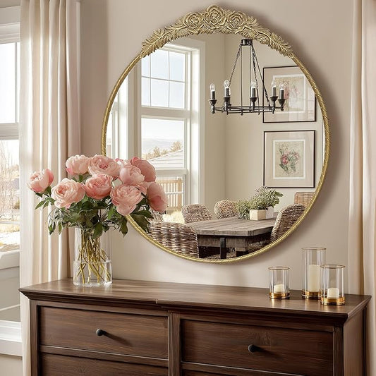 Growsun Round Wall Mirror with Vintage Gold Floral Frame – 28 Inch Decorative Wall Mirror for Living Room, Bedroom, Entryway, Bathroom Vanity – Elegant Antique Accent Home Décor