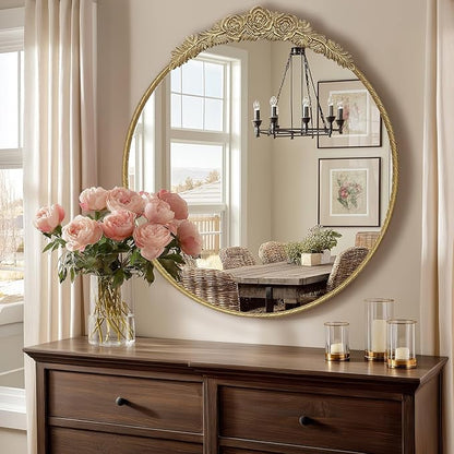 Growsun Round Wall Mirror with Vintage Gold Floral Frame – 24 Inch Decorative Wall Mirror for Living Room, Bedroom, Entryway, Bathroom Vanity – Elegant Antique Accent Home Décor
