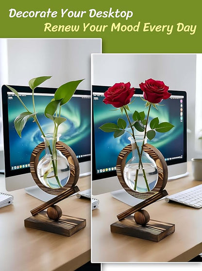 Glass Plant Propagation Station with Wooden Stand and Air Planter Bulb Vase, Birthday Gifts for Home Office Garden Boho Desk Decor (Light Burnt Wood)