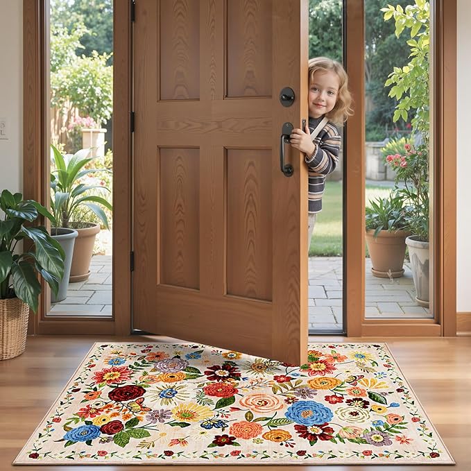 2x5 Entryway Runner Rugs, Non Slip Washable Rugs with Rubber Backing Soft Floral Carpet Runner for Kitchen, Laundry, Bedroom, Bathroom, Beige Garden, 2 x 5