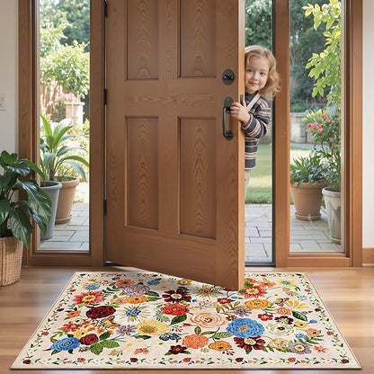 2x5 Entryway Runner Rugs, Non Slip Washable Rugs with Rubber Backing Soft Floral Carpet Runner for Kitchen, Laundry, Bedroom, Bathroom, Beige Garden, 2 x 5