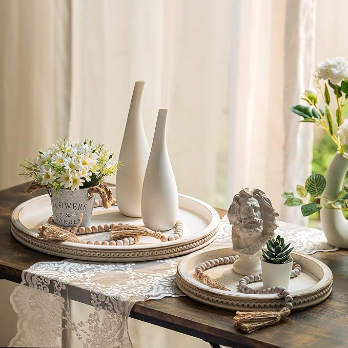 Hanobe Large Round Decorative Tray: 17" White Coffee Table Decor Wood Centerpiece Beaded Trays Farmhouse Boho Ottoman for Home Counter Living Room