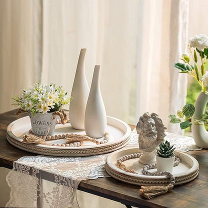 Hanobe Large Round Decorative Tray: 17" White Coffee Table Decor Wood Centerpiece Beaded Trays Farmhouse Boho Ottoman for Home Counter Living Room