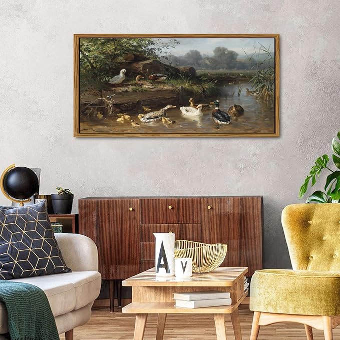 Countryside Landscape Wall Art Framed Duck Wall Decor Vintage Picture Classical Country Field Canvas Painting Prints Poster Farmhouse Animals Scenic Artwork for Living Room Home Decorations 24x48