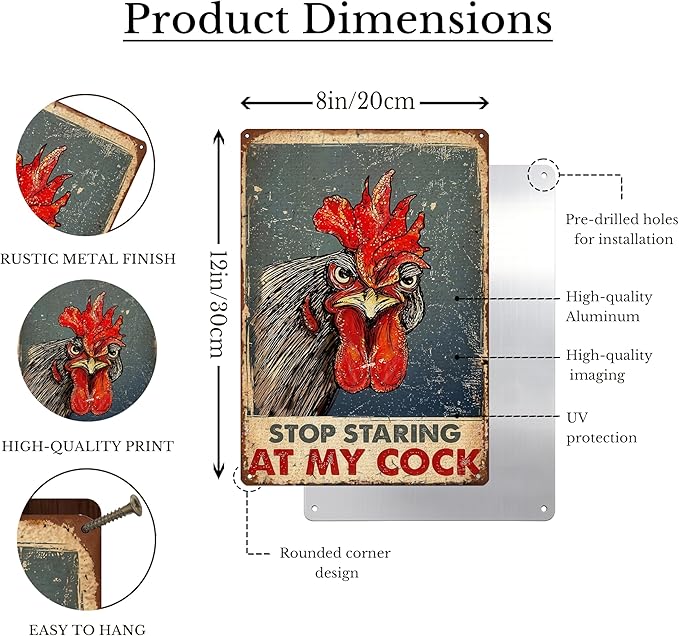 Funny Chicken Metal Signs Stop Staring My Cock Funny Rooster Tin Signs Fun Rooster Tin Signs Decor Rustic Farmhouse Sign for Farm Chicken Coop Farmhouse Kitchen Yard Fence