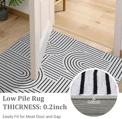 Washable Rug 9x12 Area Rugs for Living Room, Abstract Rug for Bedroom, Soft Rainbow Non Slip Throw Rugs with Rubber Back, Low Pile Stain Resistant Boho Geometric Carpet for Dining Room, Blackwhite