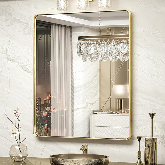 TokeShimi Gold Bathroom Mirror for Wall 30 x 36 Inch Metal Rounded Corner Rectangle Mirror Metal Frame Deep Set Design Hangs Horizontal Or Vertical