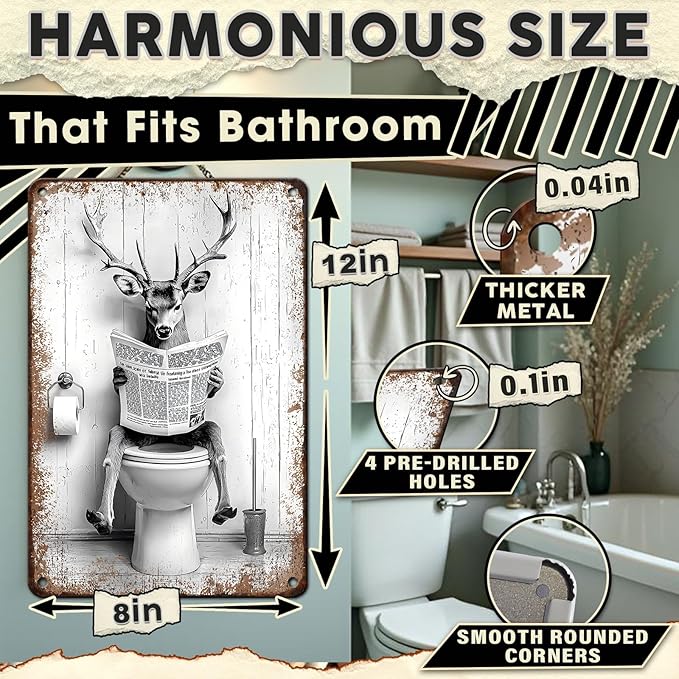 Funny Metal Bathroom Sign Deer on Toilet Reading Newspaper Vintage Black and White Restroom Wall Decor Humorous Buck Stag Tin Sign 8x12 Inch