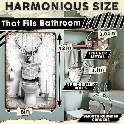 Funny Metal Bathroom Sign Deer on Toilet Reading Newspaper Vintage Black and White Restroom Wall Decor Humorous Buck Stag Tin Sign 8x12 Inch