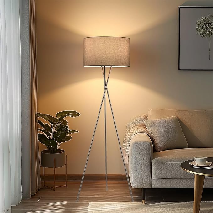 Kira Home Sadie 60" Modern Tripod Floor Lamp with Gray Linen Drum Shade, Mid Century Cross-Leg Standing Light with 9W LED Bulb, Brushed Nickel Finish