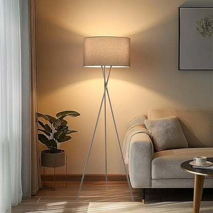Kira Home Sadie 60" Modern Tripod Floor Lamp with Gray Linen Drum Shade, Mid Century Cross-Leg Standing Light with 9W LED Bulb, Brushed Nickel Finish