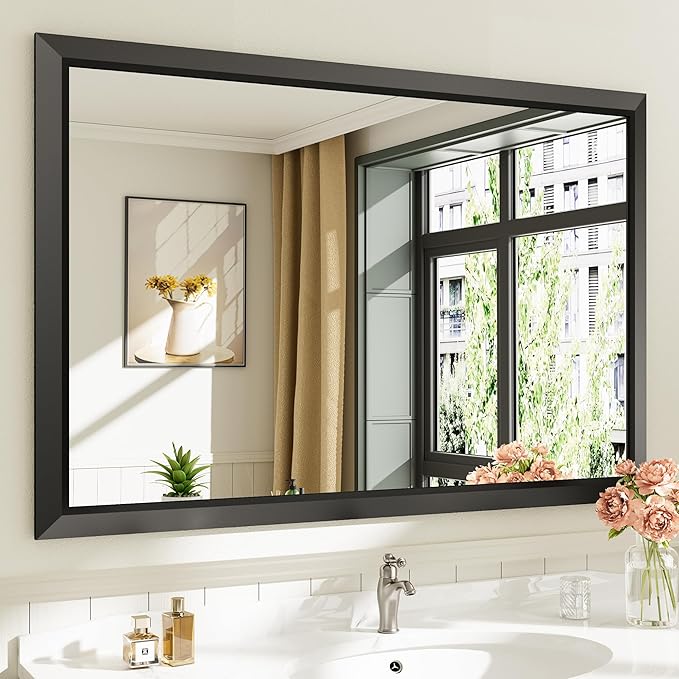 Briivue 48x32 Inch Black Bathroom Mirror for Wall, Thick Metal Framed Rectangle Mirrors for Over Sink, Bedroom, Living Room, Entryway, Anti-Rust, HD Tempered Glass