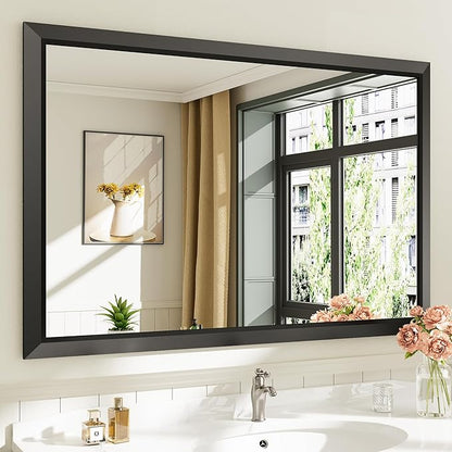 Briivue 48x32 Inch Black Bathroom Mirror for Wall, Thick Metal Framed Rectangle Mirrors for Over Sink, Bedroom, Living Room, Entryway, Anti-Rust, HD Tempered Glass