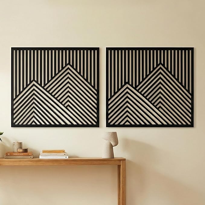 River's Edge Essentials Wood Mountain Wall Decor – Set of 2 Modern Wood Wall Art for Living Room, Bedroom & Cabin | Wooden Mountain Wall Art Decor | Rustic Geometric Nature Panels, Large 21.5”