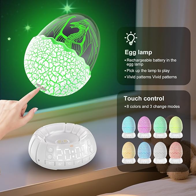 Dragon Egg Digital Clock Ok to Wake Up Alarm Clock with Portable Egg Night Light/Sleep Training Machine/Bluetooth Speaker, Illuminated Buttons Control Color Volume Brightness