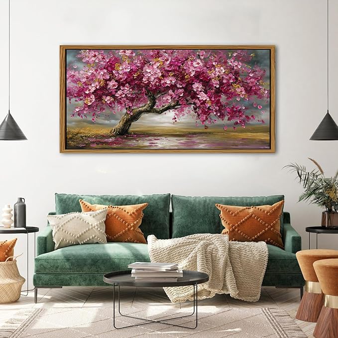 Large Tree of Life Wall Art Vintage Pink Flower Framed Wall Decor for Living Room Abstract Landscape Painting Canvas Prints Retro Nature Texture Picture Bedroom Kitchen Corridor Home Decoration 35x70